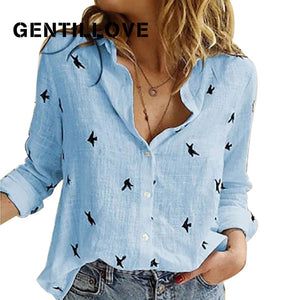 Casual Long Sleeve Birds Print Loose Shirts Women Oversized Cotton and Linen Blouses and Tops Vintage Streetwear Tunic Tees